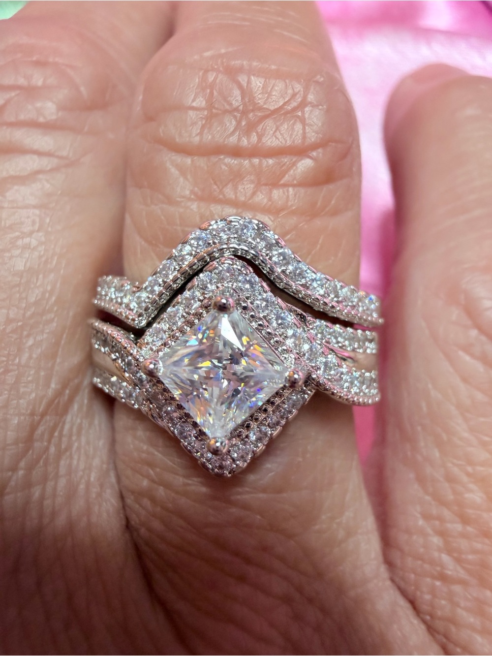 Classic Princess Cut Halo Bridal Ring with Band Gorgeous Wedding Set 18K Plated